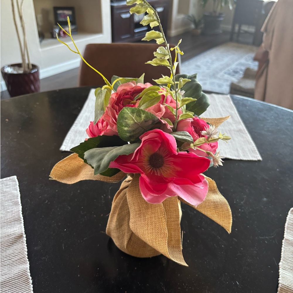 Artificial Floral Arrangement with Burlap Wrap